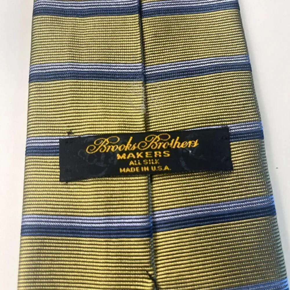 BROOKS BROTHERS Made in USA Silk Golden Navy Blue Striped‎ Repp Tie